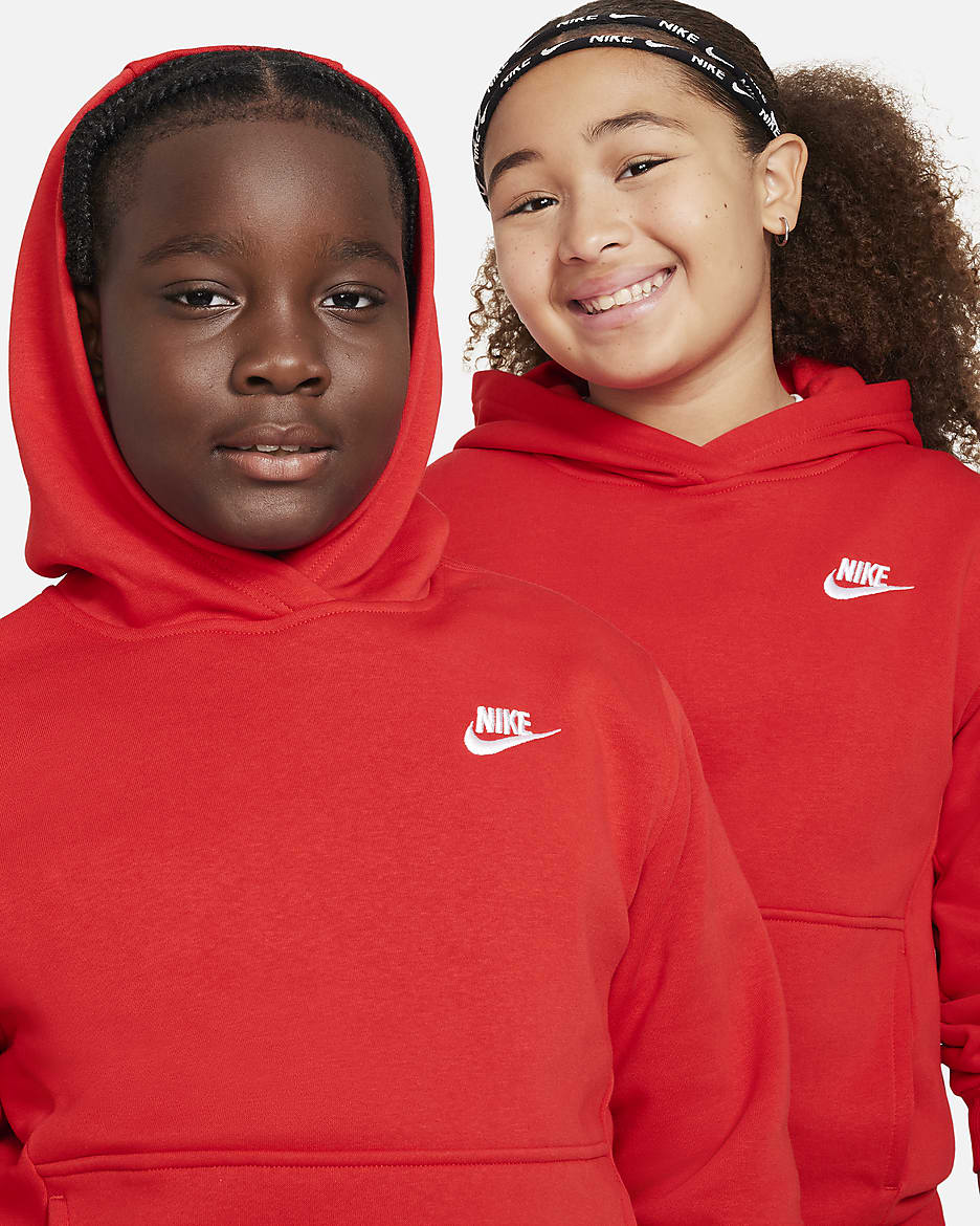 Nike Sportswear Club Fleece Big Kids' Pullover Hoodie (Extended Size) - University Red/White