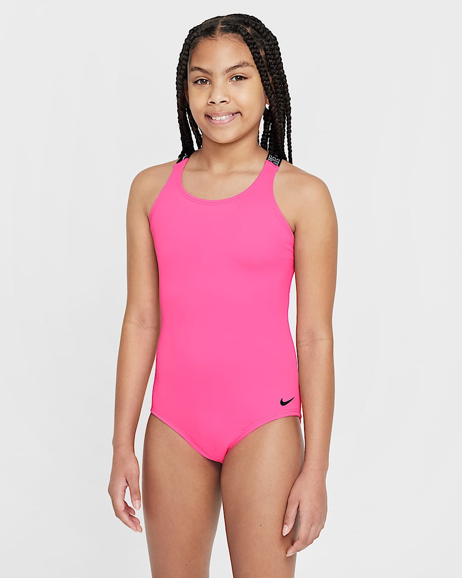 Traje de baño de una pieza de espalda cruzada para niña talla grande Nike Swim - Hiperrosa/Negro/Negro