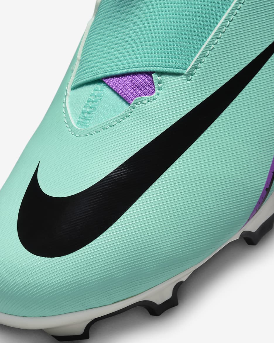 Tacos de fútbol de corte high para terrenos múltiples para niños de preescolar y grandes Nike Jr. Mercurial Superfly 9 Academy - Hiperturquesa/Negro/Blanco/Sueño fucsia