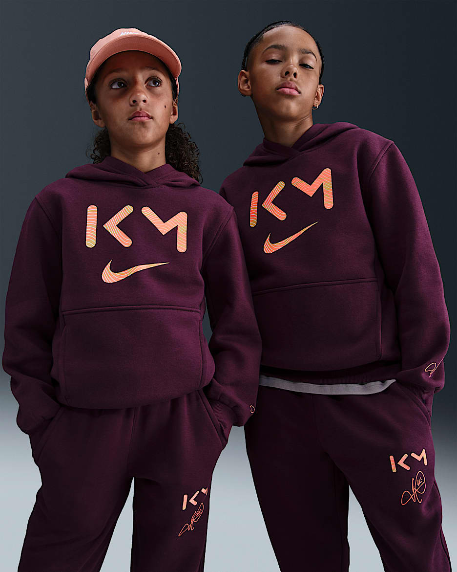 Kylian Mbappé Club Fleece Older Kids' Nike Dri-FIT Football Hoodie - Bordeaux/Orange Pulse/Melon Tint