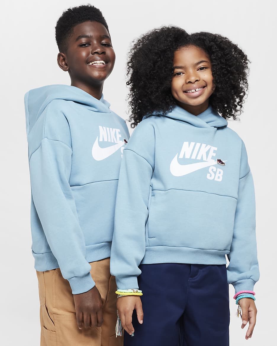 Nike SB Icon Fleece EasyOn Older Kids' Oversized Pullover Hoodie - Denim Turquoise/White