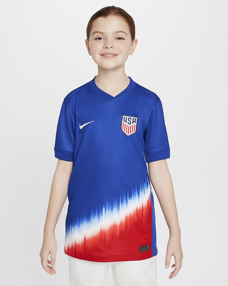 Jersey de fútbol Nike Dri-FIT Replica del USMNT visitante 2024 Stadium para niños talla grande - Azul eléctrico/Rojo deportivo/Blanco