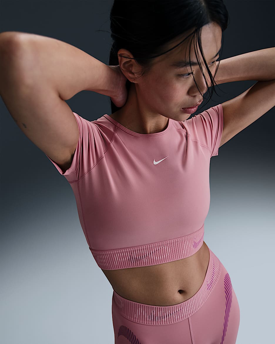 Nike Pro Women's Dri-FIT Short-Sleeve Cropped Graphic Top - Elemental Pink/Bold Berry/Pink Foam/White