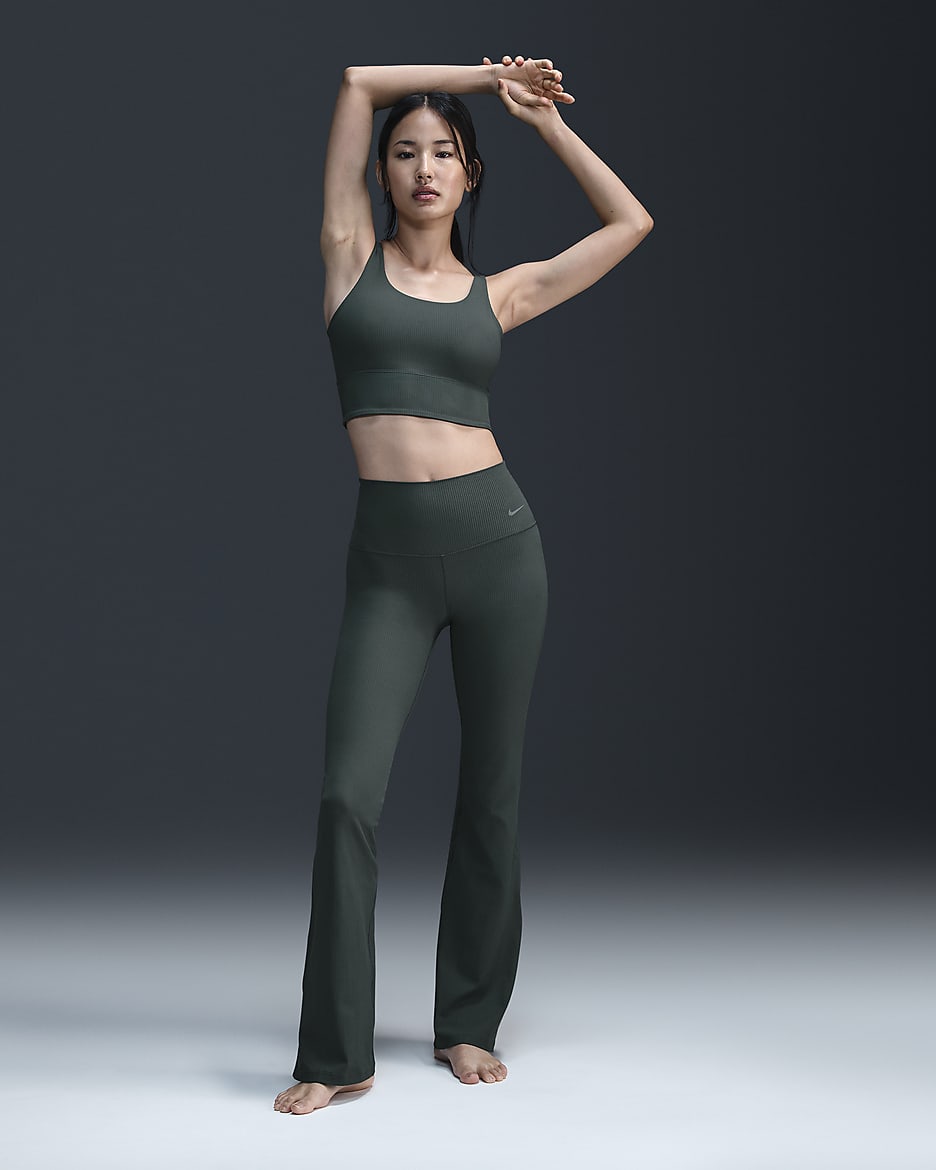 Legging évasé taille haute à maintien léger et coupe longue Nike Zenvy Rib pour femme - Vintage Green/Noir