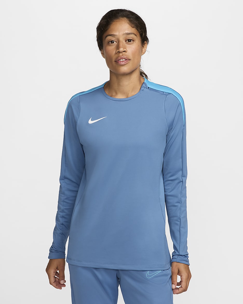 Damska koszulka piłkarska z półokrągłym dekoltem Dri-FIT Nike Strike - Aegean Storm/Baltic Blue/Biel