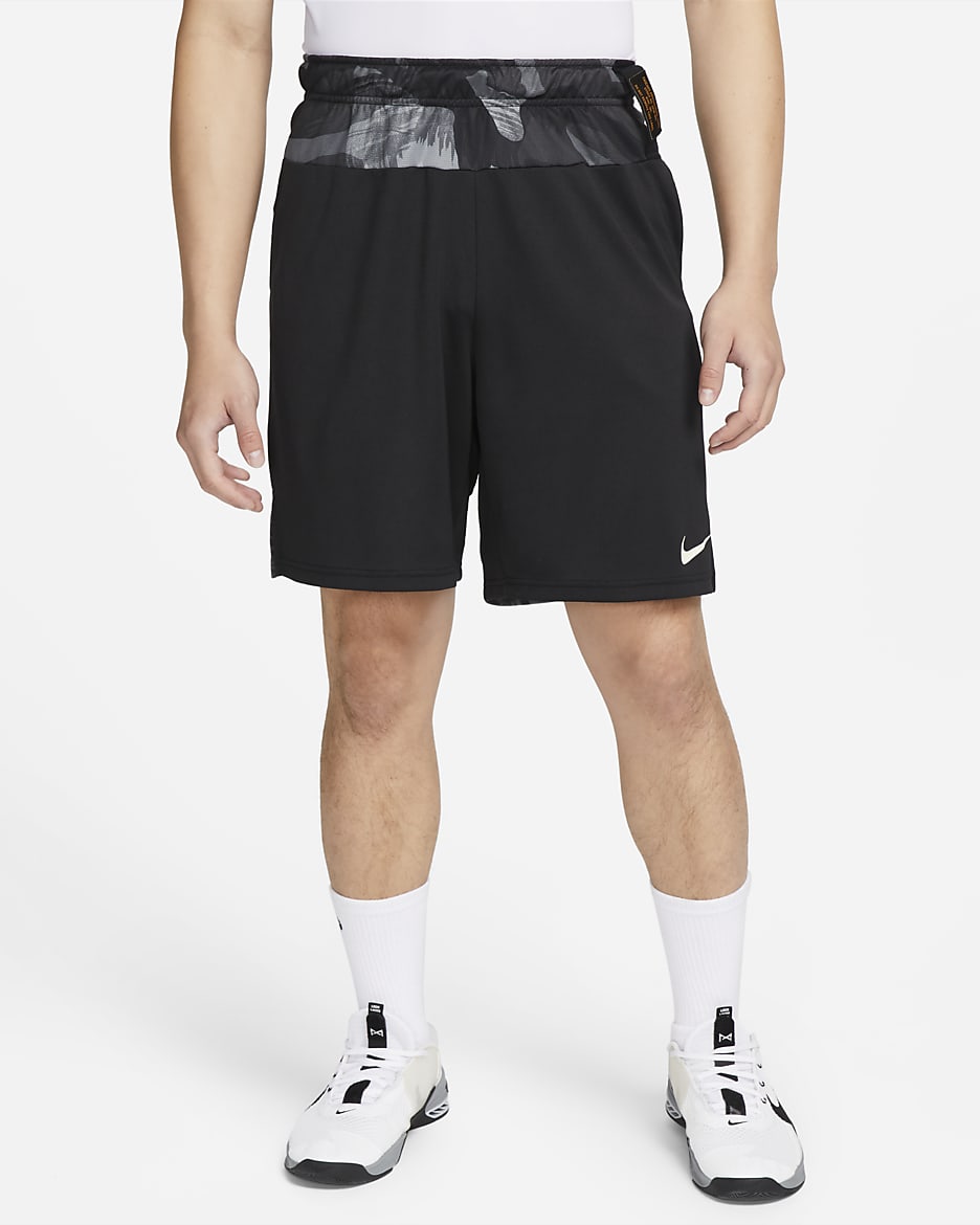 Nike Dri-FIT Men's Knit Camo Training Shorts - Black/Black/Coconut Milk