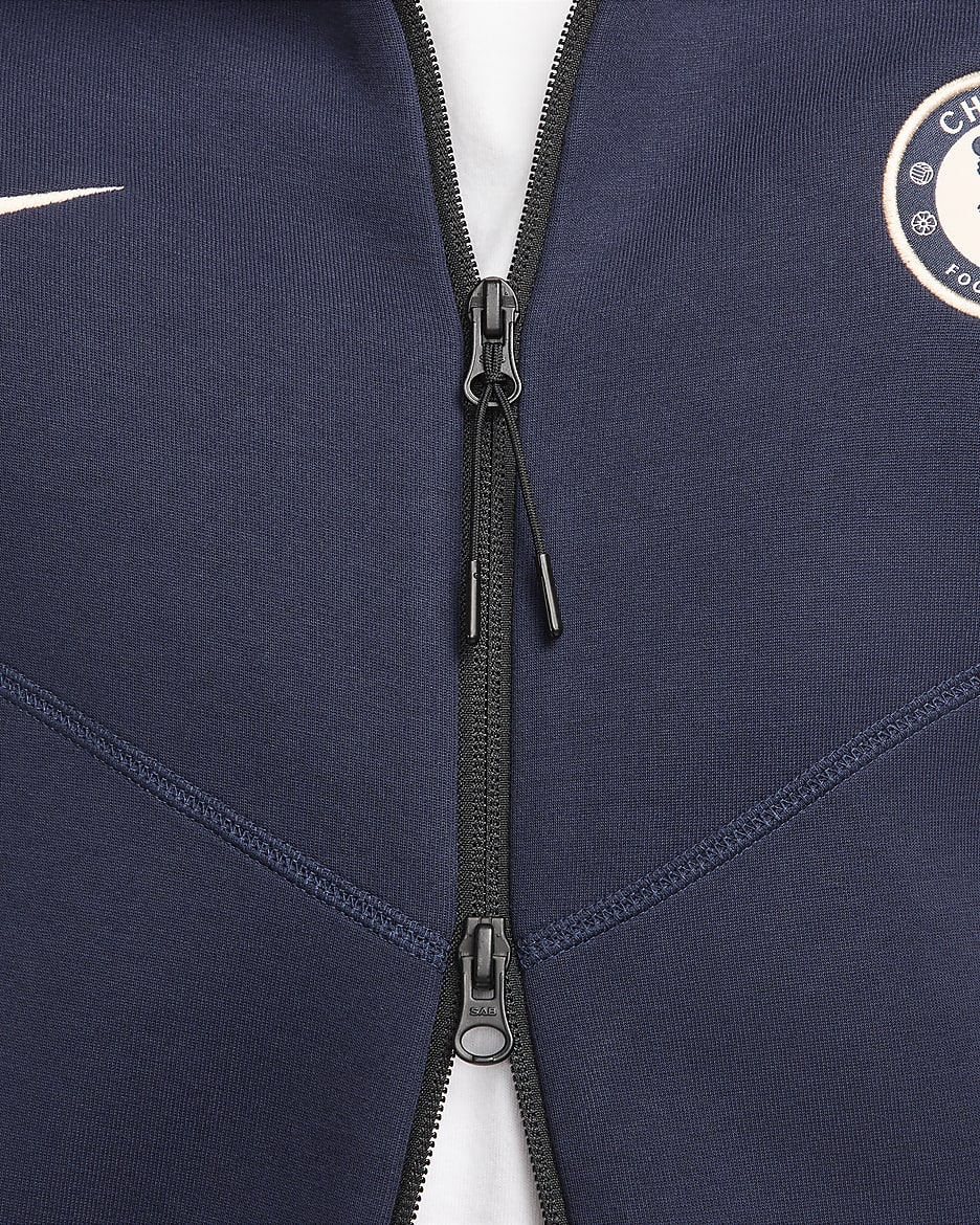 Chelsea F.C. Tech Fleece Windrunner Men's Nike Football Full-Zip Hoodie - Obsidian/Guava Ice