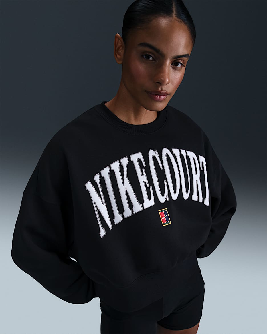 Sudadera sin cierre de tenis de cuello redondo extraoversized para mujer NikeCourt Phoenix Fleece - Negro/Negro/Peltre liso/Blanco