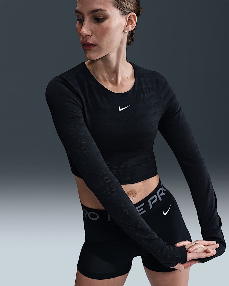 Nike Pro Women's Dri-FIT Long-Sleeve Cropped Jacquard Top - Black/White