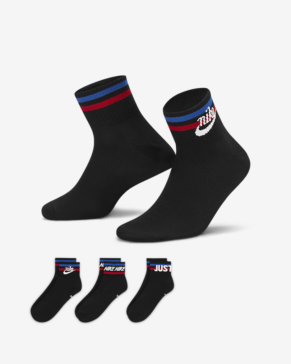 Nike Everyday Essential Ankle Socks (3 Pairs) - Black/White/Game Royal/University Red