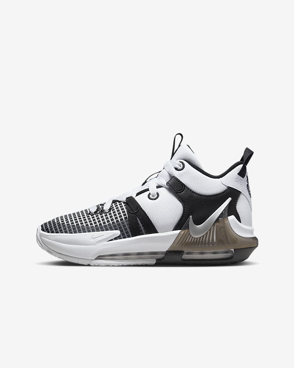 รองเท้าบาสเก็ตบอลเด็กโต LeBron Witness 7 - ขาว/ดำ/ดำ/Metallic Silver
