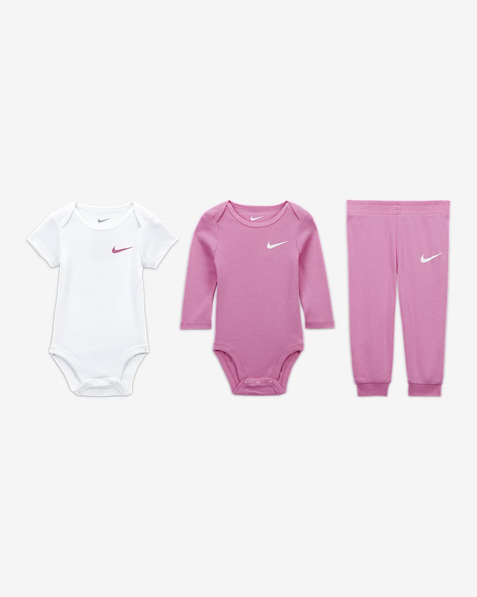 Nike Essentials Baby (0-9M) 3-Piece Bodysuit Set - Playful Pink