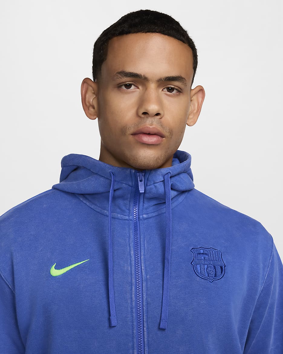 Sweat à capuche et zip en molleton Nike Football FC Barcelona Club 3e tenue pour homme - Hyper Royal/Lime Blast