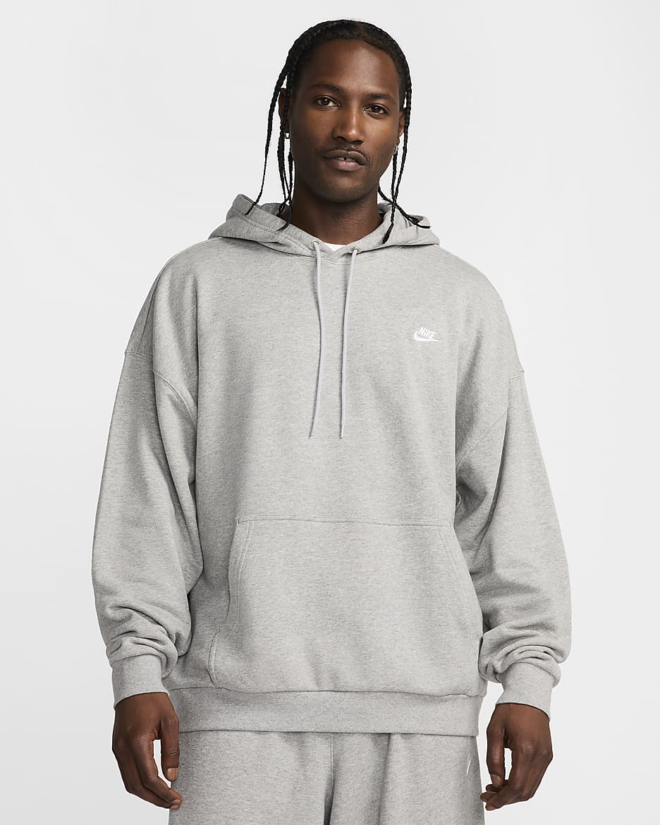 Nike Club Fleece Men's Oversized French Terry Pullover Hoodie - Dark Grey Heather/Light Smoke Grey/White