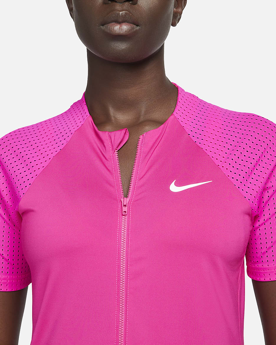 Nike Women's Sport Mesh Short Sleeve Zip Hydroguard - Pink Prime