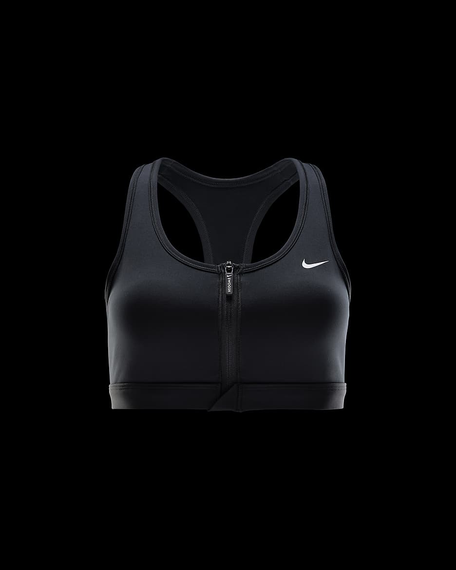 Dámská sportovní podprsenka s vycpávkami Nike Swoosh se zipem vpředu a střední oporou - Černá/Černá/Bílá