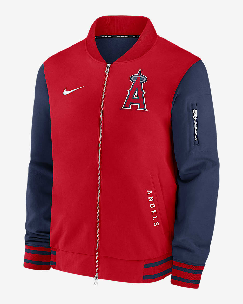 Chamarra bomber Nike de la MLB de cierre completo para hombre Los Angeles Angels Authentic Collection Dugout - Rojo deportivo