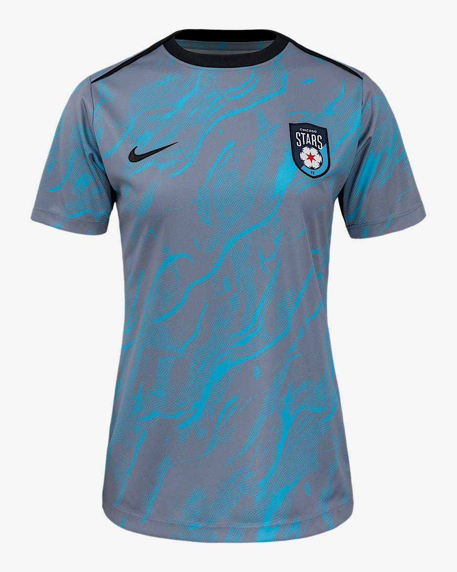 Playera de manga corta Nike de la NWSL para antes del partido para mujer Chicago Stars FC 2025 - Azul báltico/Pizarra cenizo