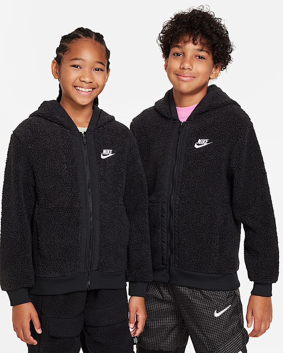 Felpa con cappuccio per l'inverno con zip a tutta lunghezza Nike Sportswear Club Fleece – Ragazzo/a - Nero/Nero/Bianco