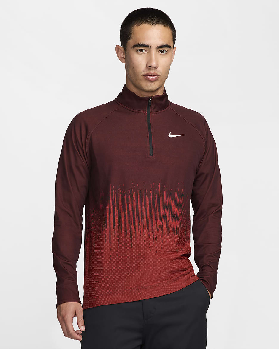 Camisola de golfe com fecho até meio Dri-FIT ADV Nike Tour para homem - Vermelho Dragon/Borgonha Crush/Branco