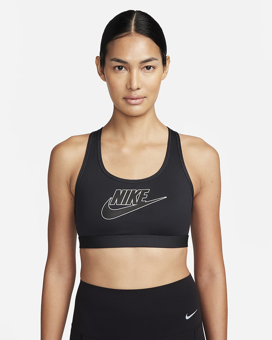 Nike Swoosh Medium-Support Women's Padded Logo Sports Bra - Black/White/Black/Black