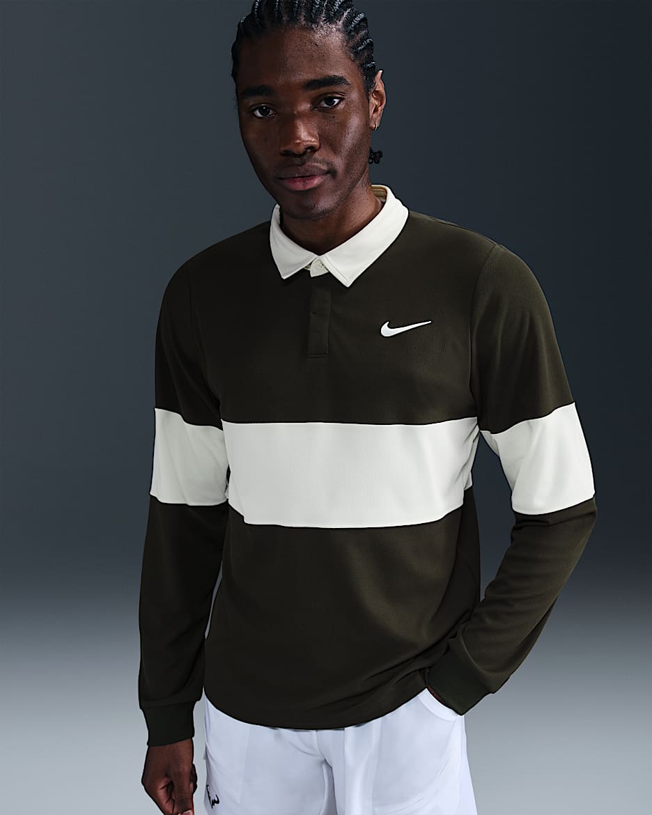 NikeCourt Slam Men's Dri-FIT ADV Long-Sleeve Tennis Polo - Sequoia/Pale Ivory/White