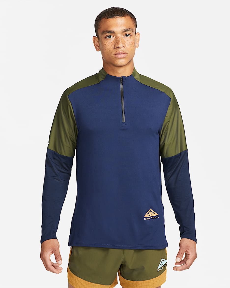 Playera de trail running con medio cierre para hombre Nike Dri-FIT Trail Element - Azul marino medianoche/Verde puro/Obsidiana