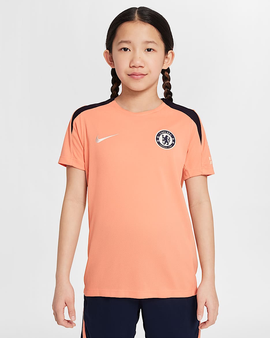 Chelsea F.C. Strike Special Edition Older Kids' Nike Dri-FIT Football Short-Sleeve Knit Top - Apricot Agate/Obsidian/Guava Ice