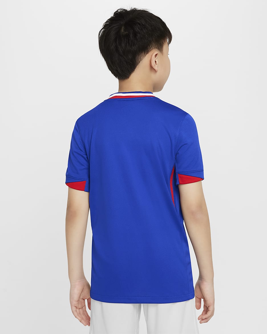 Camisola de futebol de réplica Nike Dri-FIT do equipamento principal Stadium FFF (equipa masculina) 2024/25 Júnior - Azul Bright/Vermelho University/Branco