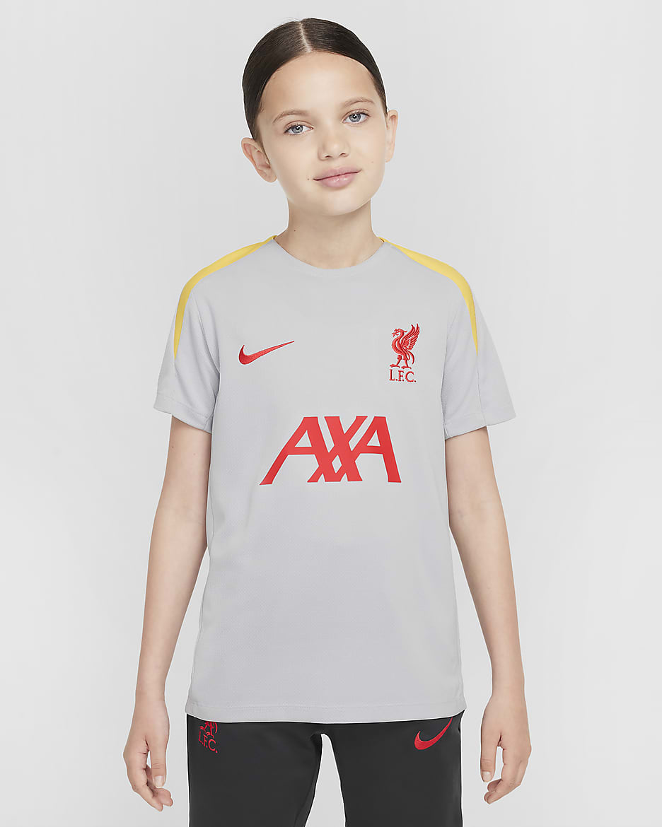 Liverpool F.C. Strike Third Older Kids' Nike Dri-FIT Football Knit Short-Sleeve Top - Light Smoke Grey/Light Smoke Grey/Chrome Yellow/Global Red