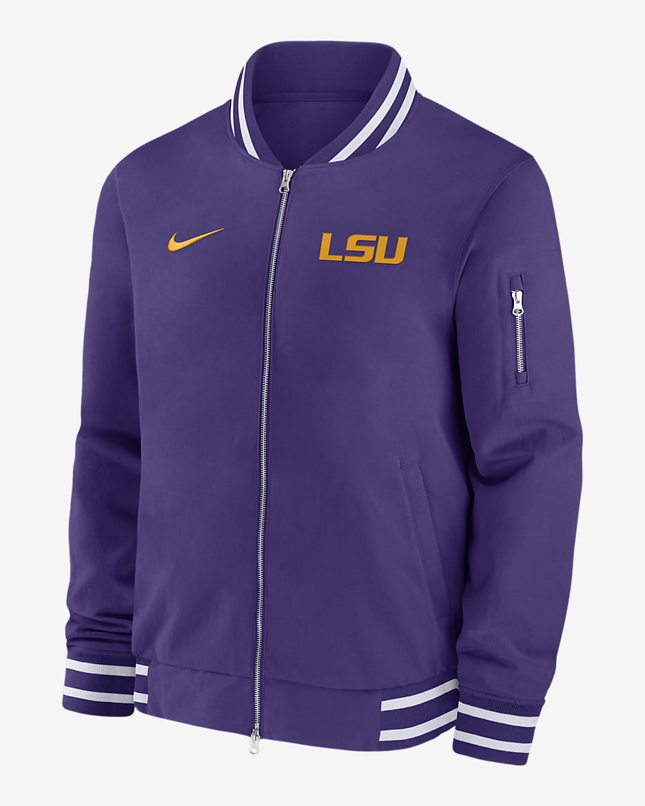Chamarra bomber universitaria Nike con cierre completo para hombre LSU Tigers Sideline - Morado