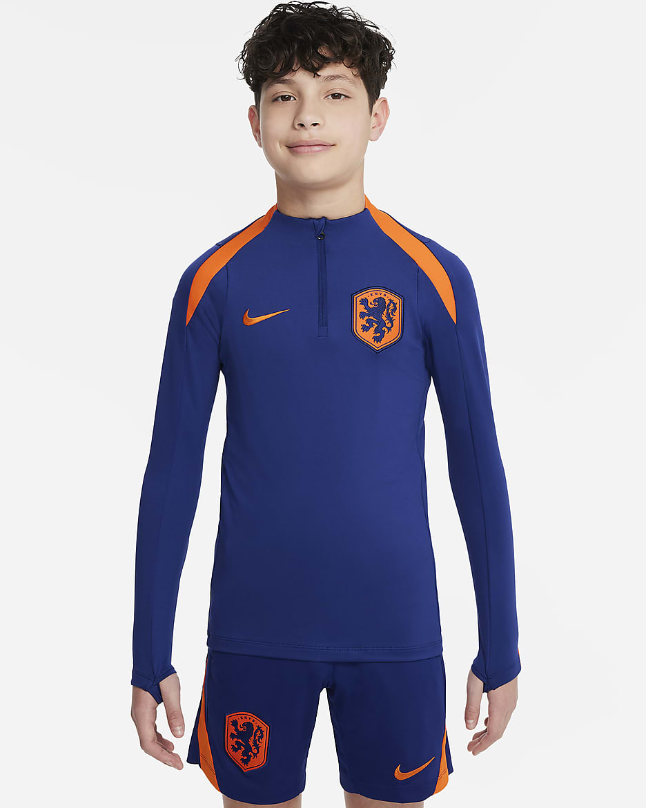 Niederlande Strike Nike Dri-FIT Fußball-Drill-Oberteil für ältere Kinder - Deep Royal Blue/Safety Orange/Safety Orange