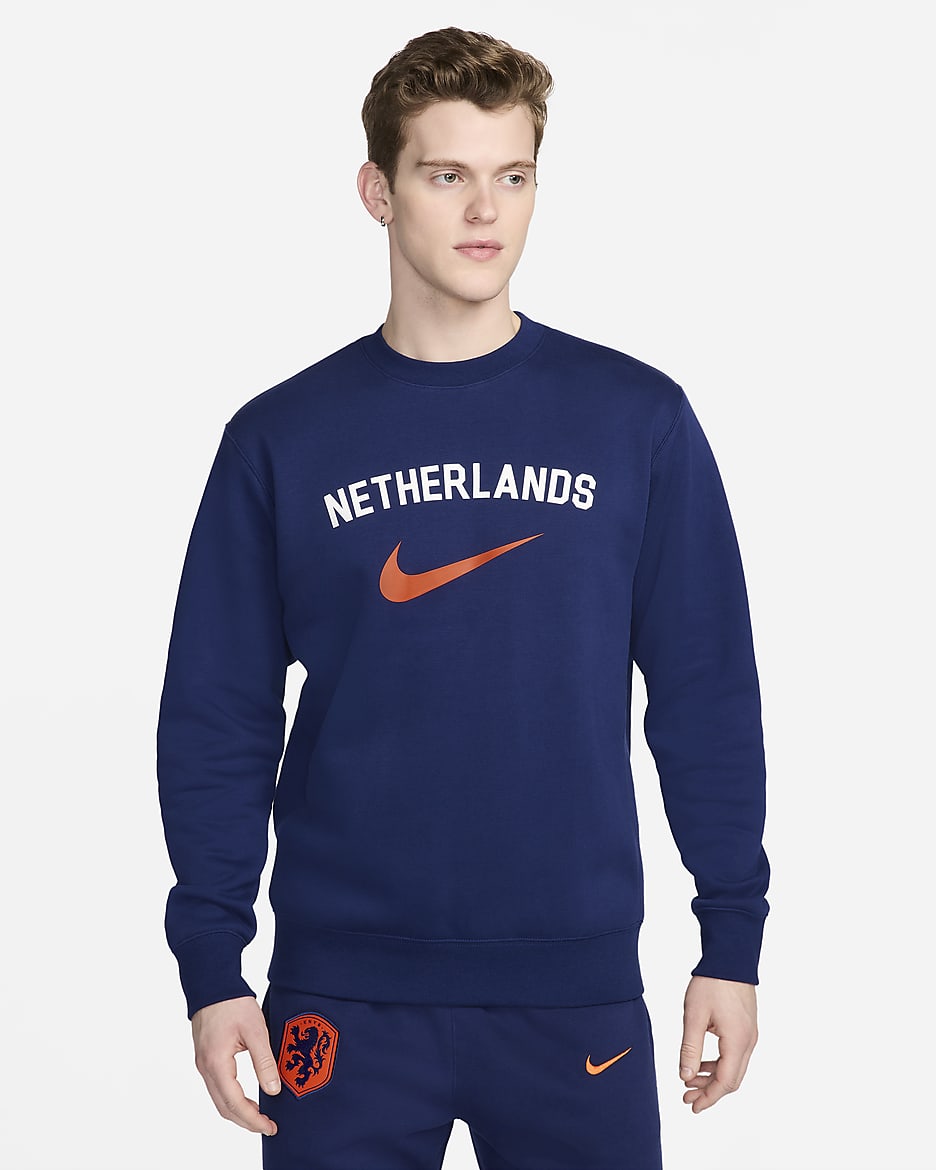 Holland Club Fleece Nike Football-sweatshirt med rund hals til mænd - Blue Void/Safety Orange