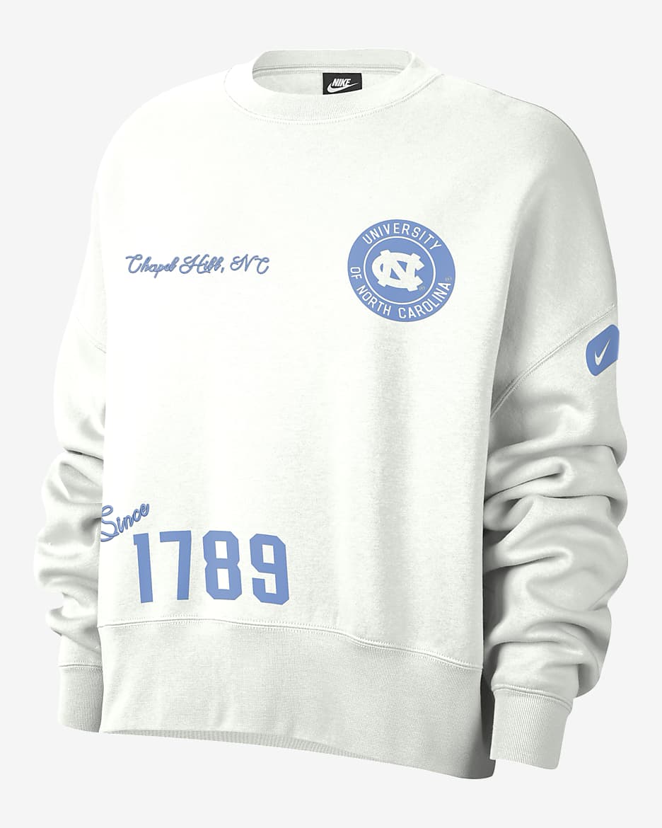 Sudadera con cuello redondo Nike College para mujer UNC - Blanco cumbre/Gris niebla/Azul valor