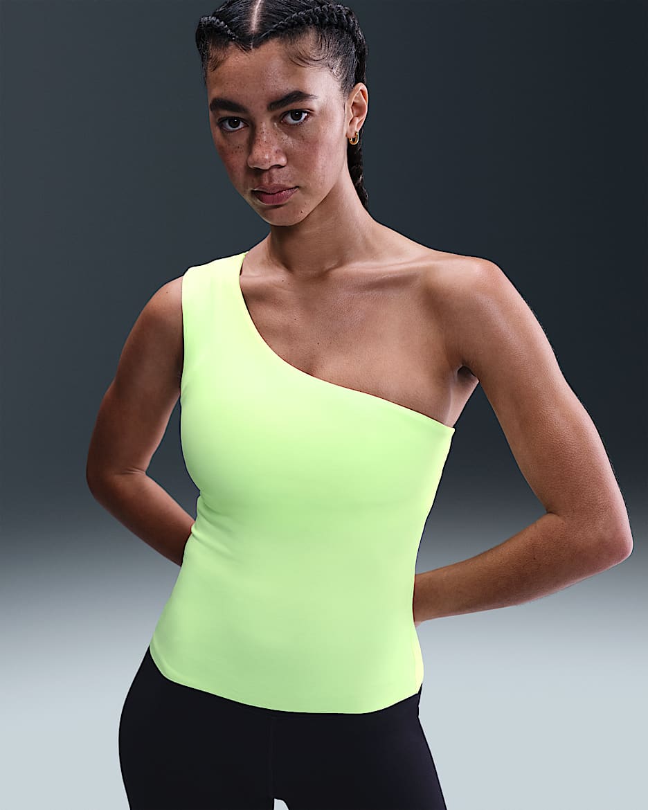 Camiseta de tirantes Dri-FIT asimétrica para mujer Nike Zenvy - Voltio ligero/Blanco
