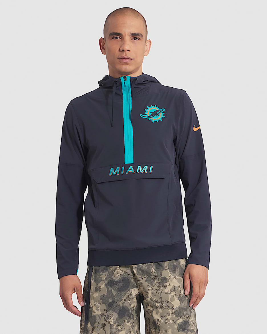 Chamarra Nike de la NFL de medio cierre con gorro para hombre Miami Dolphins Rivalries Collection Sideline Anorak - Azul marino