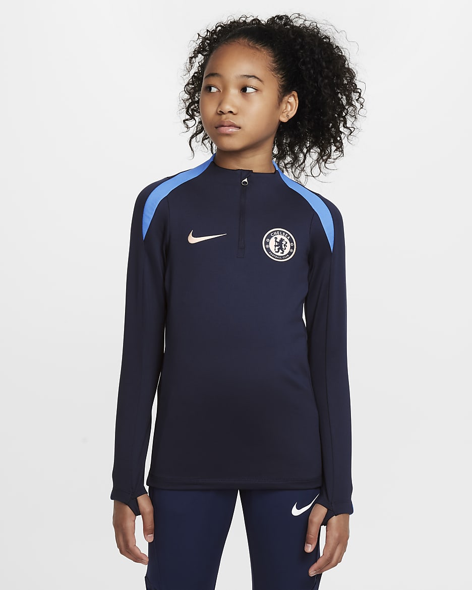 Chelsea FC Strike Nike Dri-FIT fotballtreningsoverdel til store barn - Obsidian/Obsidian/Light Photo Blue/Guava Ice