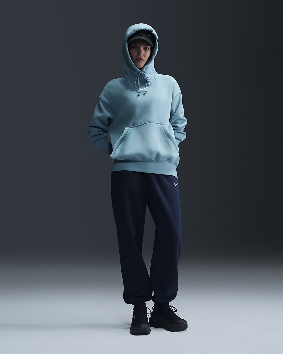 Nike Sportswear Phoenix Fleece ekstra stor hettegenser til dame - Denim Turquoise/Sail