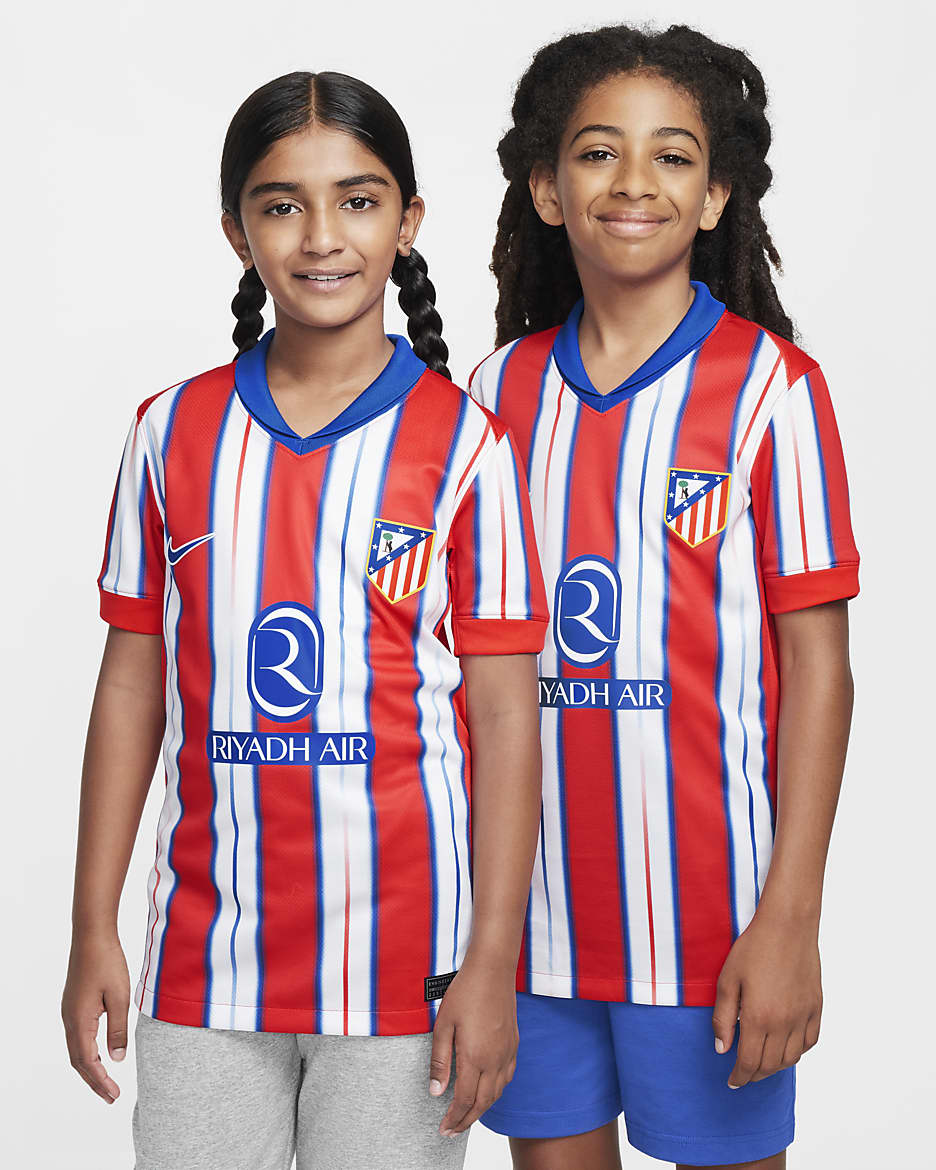 Camisola de futebol de réplica Nike Dri-FIT do equipamento principal Stadium Club Atlético de Madrid 2024/25 Júnior - Hyper Royal/Carmesim claro/Branco