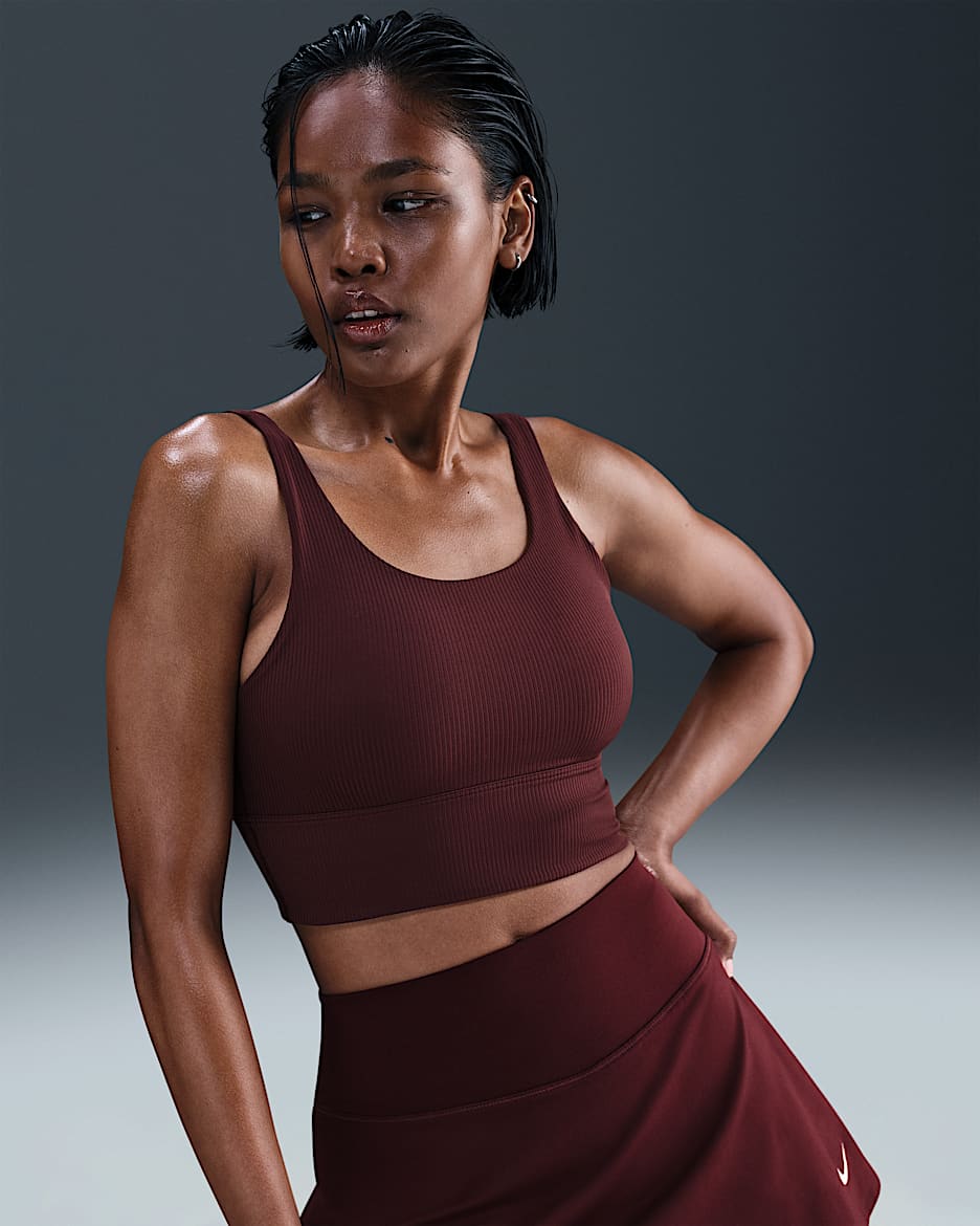 Nike Zenvy Rib Women's Light-Support Padded Longline Sports Bra - Burgundy Crush/White