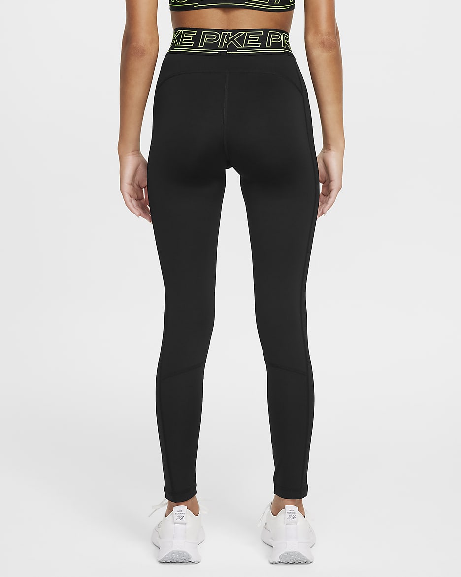 Nike Pro Dri-FIT leggings med mellomhøyt liv til jente - Svart/Volt/Volt