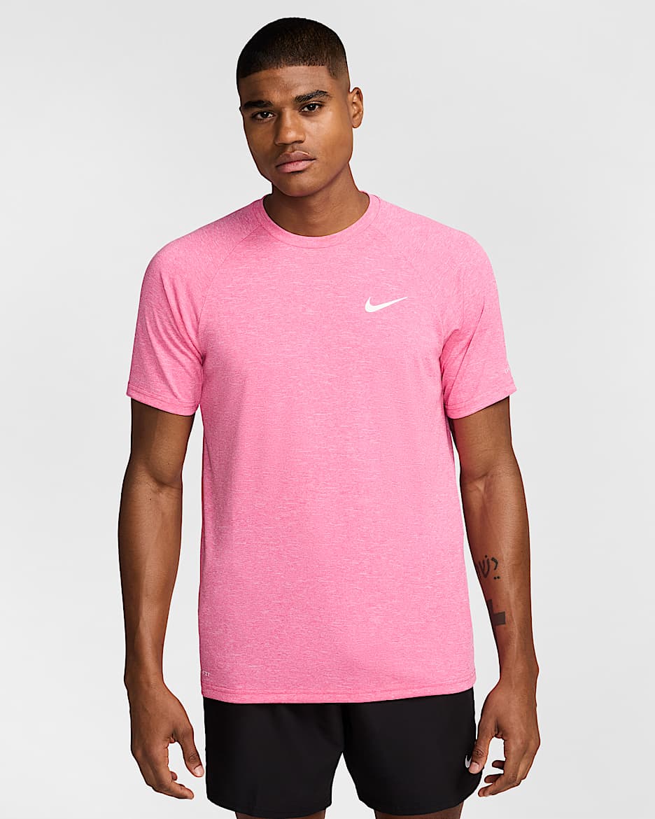 Nike Men's Heathered Short-Sleeve Hydroguard Swimming Top - Pinksicle/Midnight Navy/White