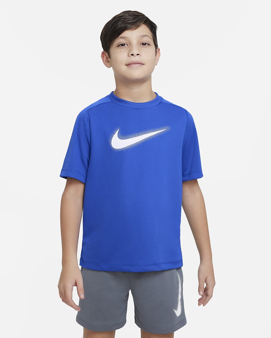 Nike Multi Dri-FIT Trainingsoberteil mit Grafik für ältere Kinder (Jungen) - Game Royal/Weiß