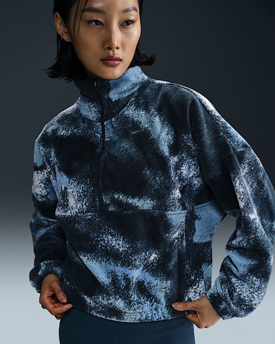 Nike One Women's Therma-FIT Oversized 1/2-Zip Fleece Printed Top - Armory Navy/Armory Navy