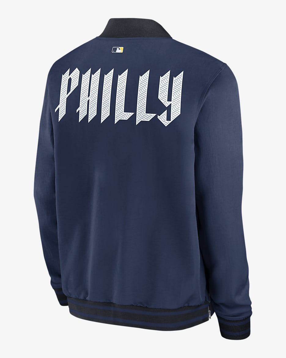 Chamarra bomber Nike de la MLB de cierre completo para hombre Philadelphia Phillies Authentic Collection City Connect Game Time - Azul marino