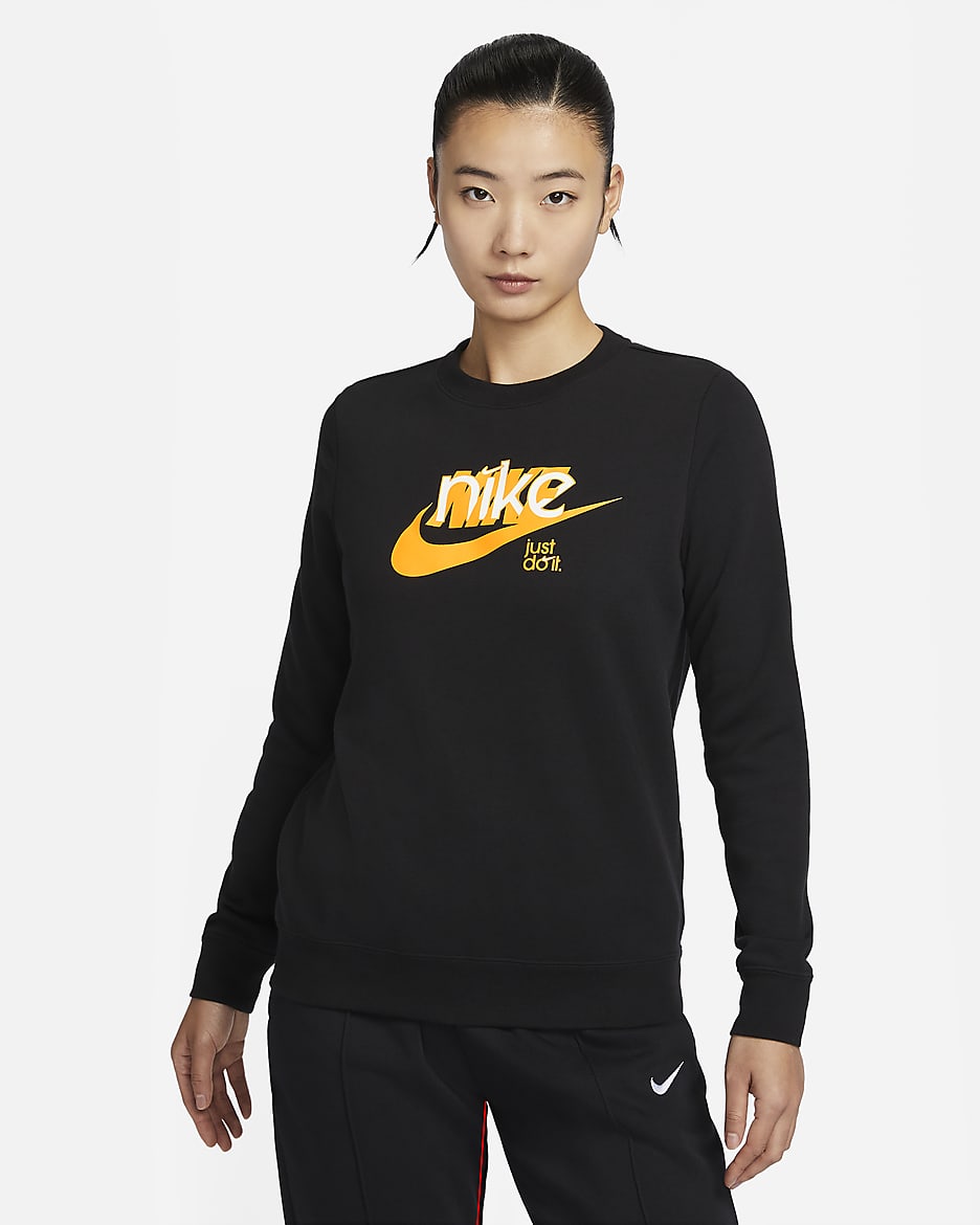 Nike Sportswear Club Fleece Women's French Terry Graphic Crew-Neck Sweatshirt - Black/University Gold/White