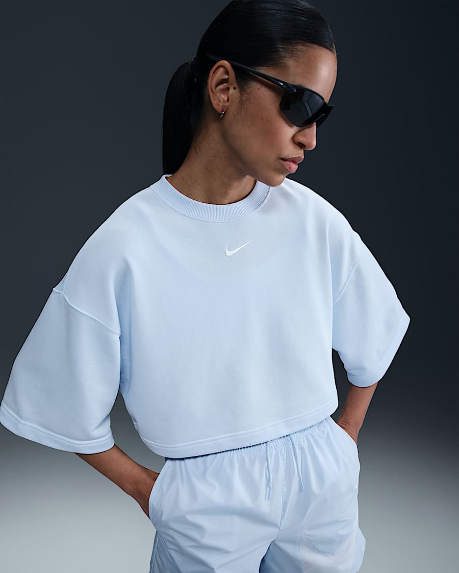 Playera de manga corta de French Terry holgada cropped para mujer Nike Sportswear Phoenix Fleece - Tinte azul/Vela
