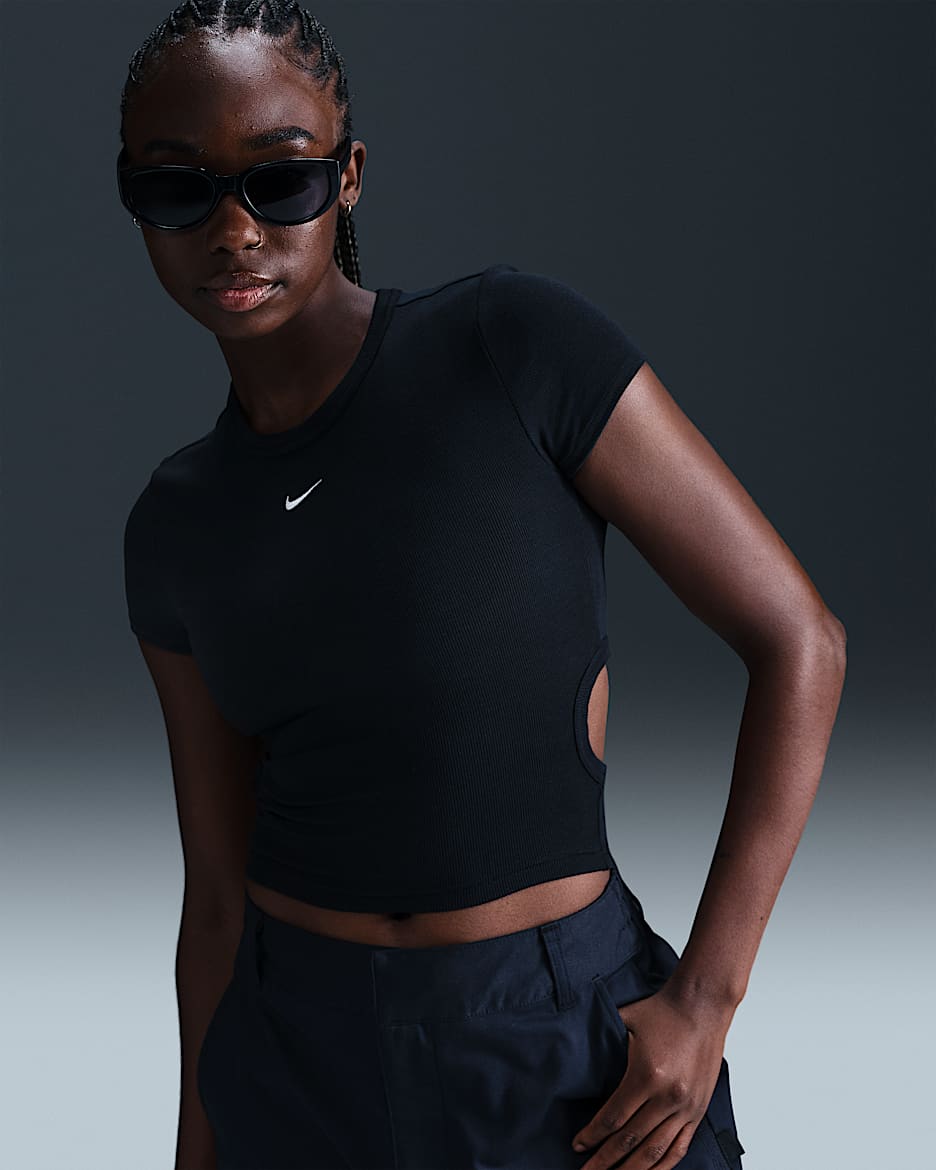 Playera de manga corta de tela de minicanalé ajustada cropped para mujer Nike Sportswear Chill Knit - Negro/Vela