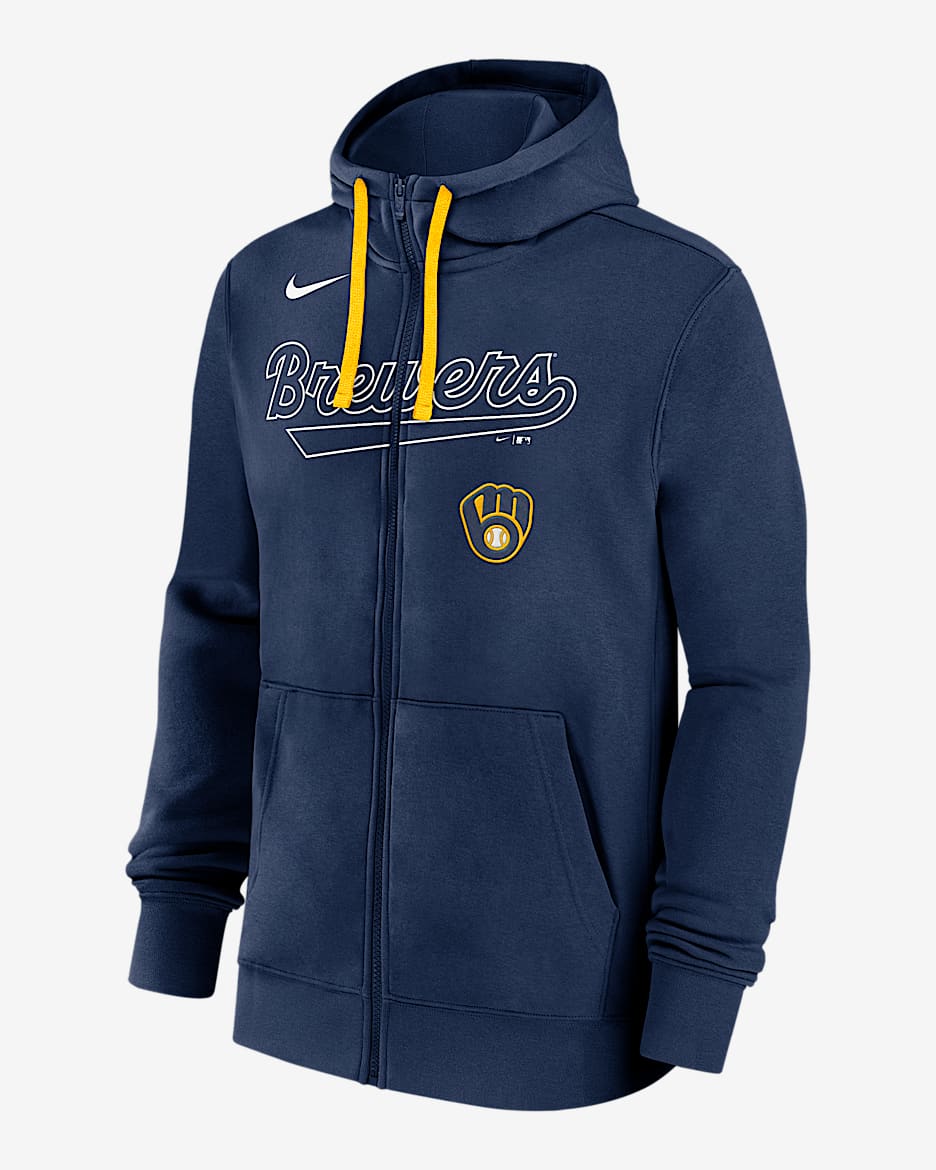 Sudadera con gorro Nike de la MLB de cierre completo para hombre Milwaukee Brewers Knockout Script - Azul marino