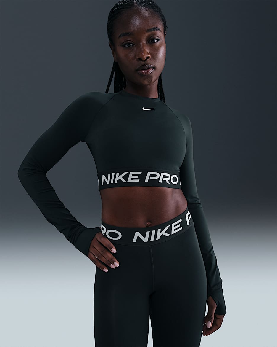 Playera de manga larga Dri-FIT cropped para mujer Nike Pro - Alga/Blanco